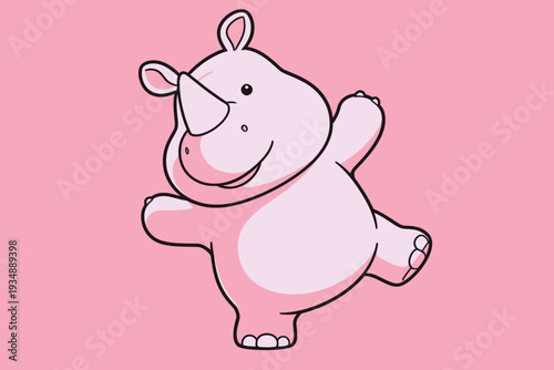 A cartoon rhino is dancing joyfully. The rhino has a big smile and stands on its hind legs. The background is pink.