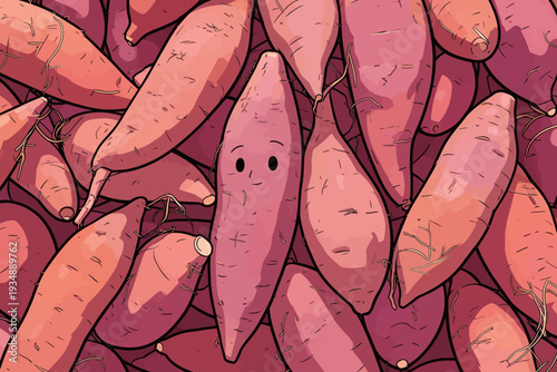 A group of sweet potatoes is placed closely together, with one displaying a smiling face among the rest, creating a fun scene.