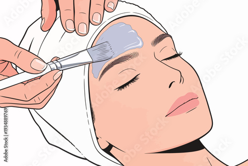 A person is applying a facial mask to a woman's face in a beauty salon. The scene shows hands using a brush for the treatment.