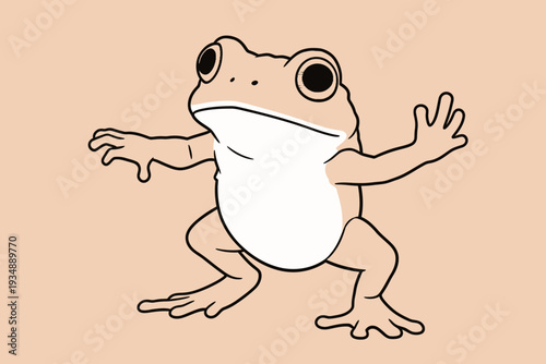 A frog with big eyes stands on its hind legs. Its front limbs are raised as if waving. The background is plain and light.