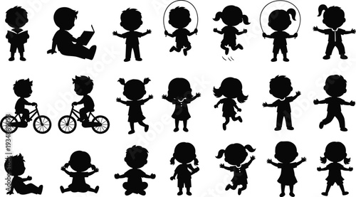 Set of adorable children silhouettes featuring little boys and girls reading books playing with jump ropes riding bicycles and sitting for school graphic design