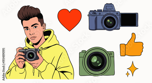 Young man with camera, photography icons, heart, like, sparkles, pop art style, creative hobby, social media content