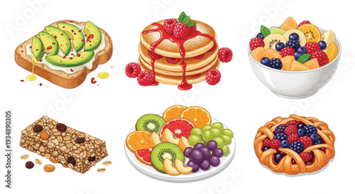Vector Breakfast Food Set with Avocado Toast, Raspberry Pancakes, Fruit Salad Bowl, Granola Bar, Fruit Plate and Berry Danish Isolated