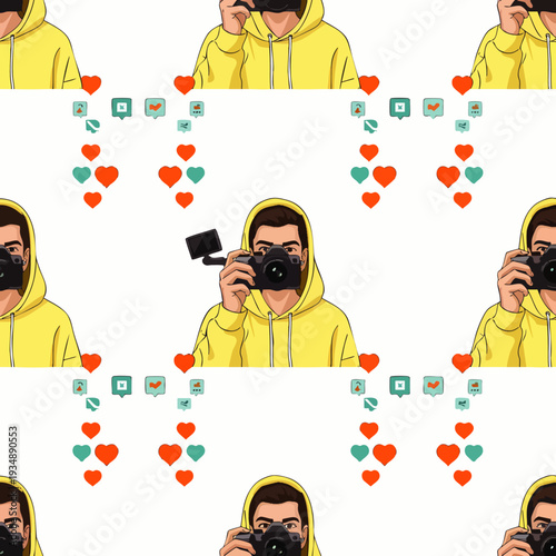 Seamless pattern of a man with a camera and social media icons like hearts and likes, representing content creation and vlogging.