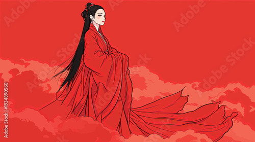 A woman dressed in red flowing robes stands on clouds with a bright red background, focusing on her calm pose and long hair.