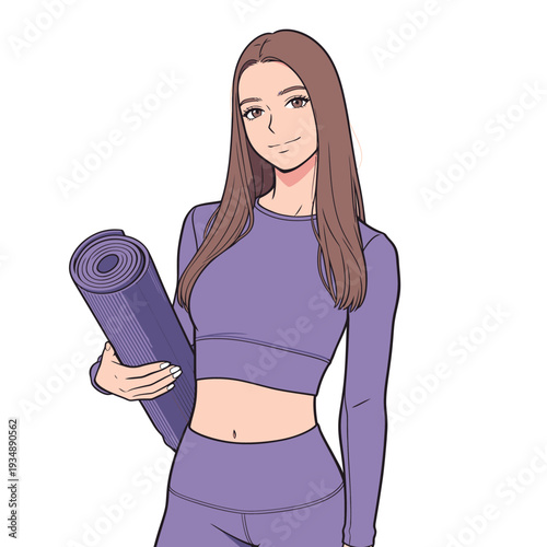A woman stands holding a purple yoga mat while wearing workout clothes. She looks ready for a yoga session.