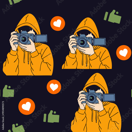 Seamless pattern of a person in an orange hoodie taking photos with a camera, surrounded by social media icons like hearts and thumbs up.