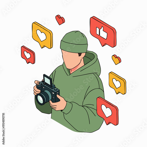 Influencer with camera surrounded by social media likes and hearts, isometric illustration, content creator concept