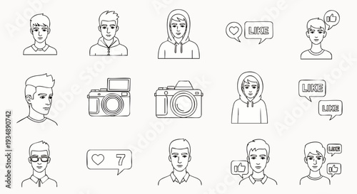 Set of hand-drawn icons representing people, emotions, cameras, and social media likes and comments
