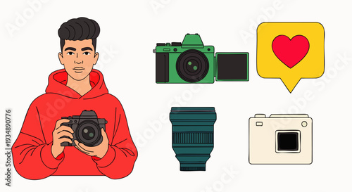 Young male photographer holding a DSLR camera, with photography equipment icons and a social media like symbol, representing content creation, hobbies, and digital media.