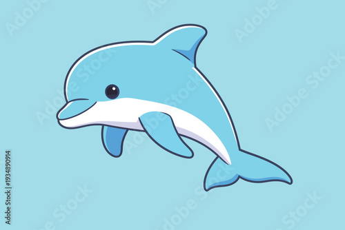 A dolphin swims in blue water. The dolphin has a simple cartoon style. This design is friendly and fun for children.