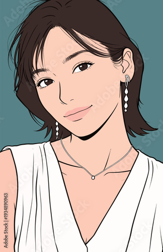 A young woman smiles at the viewer while wearing a simple blouse and jewelry. She has short hair and a friendly expression.