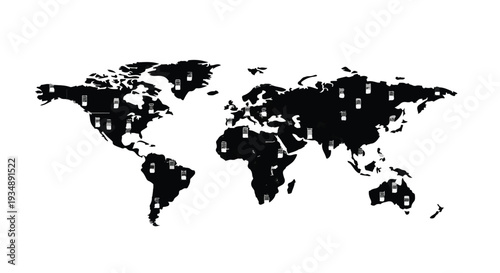 Black and white world map illustration on plain white background, global geography, world map, continents, countries, travel, navigation, cartography
