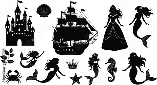 Set of Black Mermaid Silhouettes Featuring a Pirate Ship Medieval Castle Princess Crown Seahorse Crab and Starfish Isolated on White Background for Fantasy Design