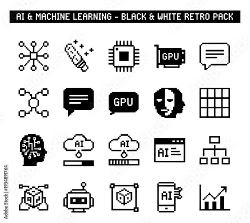 Retro pixel art and line icon set for AI and machine learning. 8-bit symbols of neural networks, processors, chatbots, and cloud data. Professional black and white technology vector graphics.