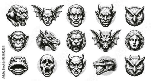 Collection of gothic gargoyles and mythical creature head illustrations. Detailed vintage engraving style featuring dragons, demons, owls, and classic architectural stone statues on white.