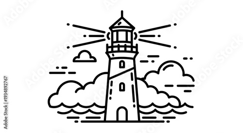 Illustrated lighthouse on rocky shore with clouds and waves in a simple line art style.