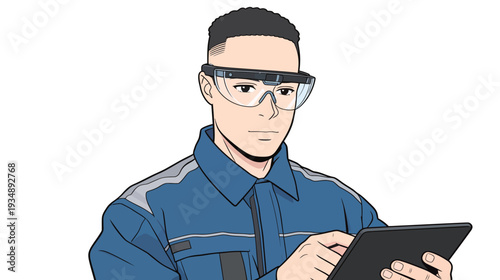 A worker in safety glasses focuses on a tablet as he stands in a work environment during the day.