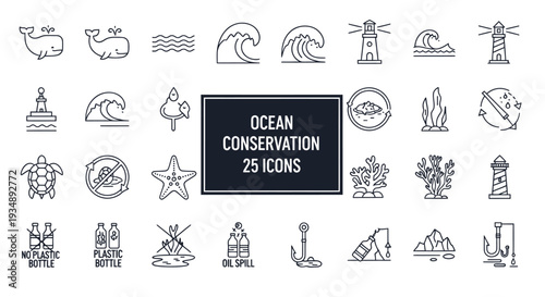 Icon set illustrating ocean conservation themes with assorted marine life and conservation symbols.