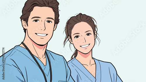 Two healthcare workers take a break in a hospital, wearing scrubs and smiling at the camera while enjoying each other's company.