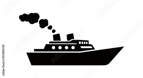 Black silhouette of a modern boat cruising forward with a smokestack against a plain background.