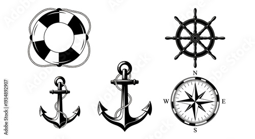 Collection of Maritime Symbols Featuring Lifebuoy, Anchors, Wheel, Compass and Rope Motifs.