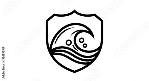 Shield emblem featuring stylized waves and circular motifs in a bold black and white design.