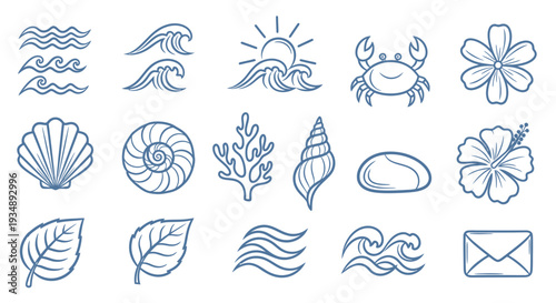 Blue line drawing collection featuring leaves shells waves and sunflower motifs.