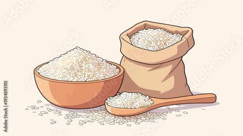 A bowl and a sack hold rice with a wooden spoon next to them. Rice grains are scattered on the surface around them.