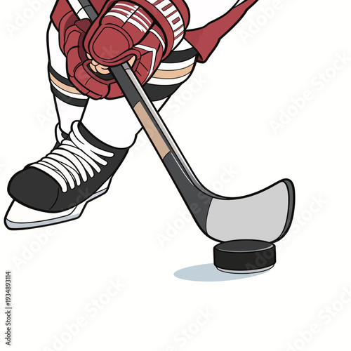 A hockey player stands on the ice, ready to take a shot at a puck during a practice session in bright daylight.