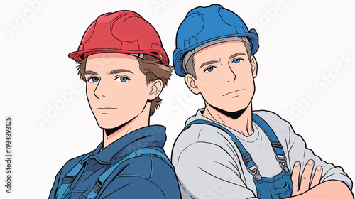 Two workers are in safety helmets showing different colors. They look serious and confident in their environment.