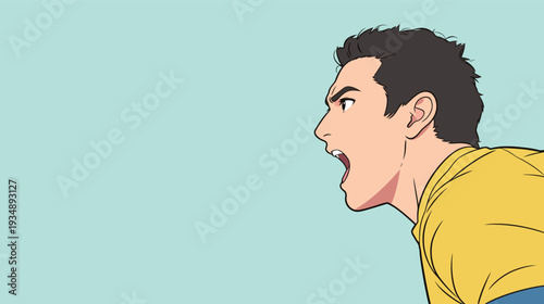 A man with dark hair yells loudly, displaying strong emotion in an animated style. The background is a light color.