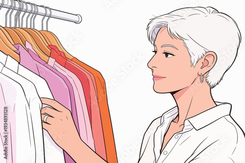 A woman looks at different colored shirts while browsing in a clothing store during daylight hours.