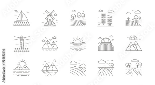 Collection of abstract line art icons featuring sun, wind, plants, and nature motifs for graphic design and illustration purposes.