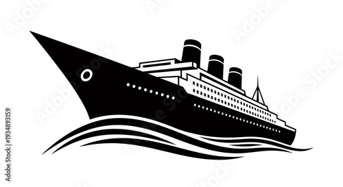 Stylized cruise ship cutting through waves on calm seas in a bold silhouette illustration.