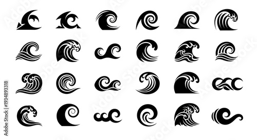 Collection of black abstract spiral patterns for graphic design and texture exploration.