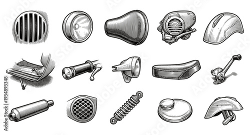 Vintage hand-drawn collection of retro motorcycle parts and scooter components. Detailed engraving style sketches of chrome headlights, seats, exhaust pipes, and mechanical motor elements.