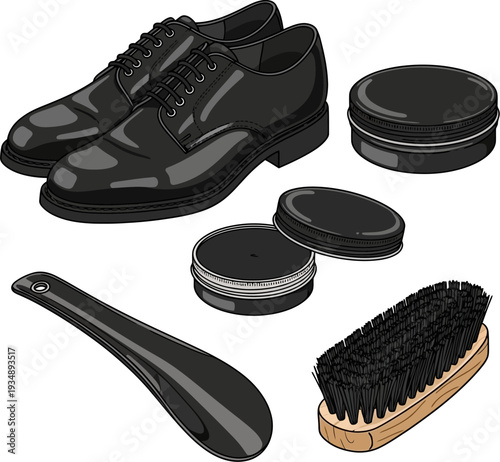 A collection of shoe care items including black dress shoes, shoe polish, a brush, and a shoehorn.