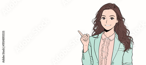 A woman stands with her right hand raised, smiling while giving a presentation. She wears a light jacket and has long hair.