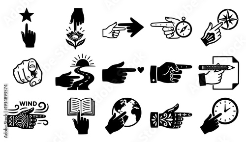Vintage hand pointing icon set featuring fingers directing to stars, clocks, globes, and books. Retro black woodcut style vector illustrations for guidance, navigation, and concept design.