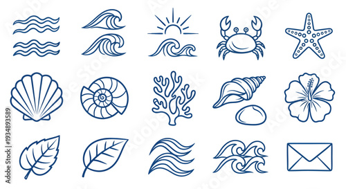 Collection of blue nautical icons depicting sea life and ocean elements for decorative use.