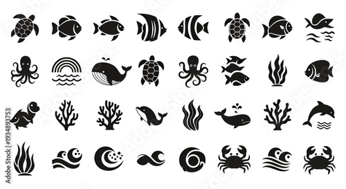 Collection of marine life silhouettes and sea creature icons for graphic design.