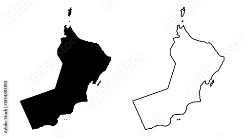 Oman Map Silhouette and Outline: Artistic outline and silhouette representation of the Oman map, revealing its geographical shape with clarity, ideal for a variety of conceptual uses.