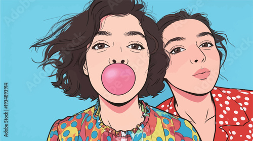 Two friends are having fun blowing bubble gum while posing for a picture. They wear colorful outfits and smile together.