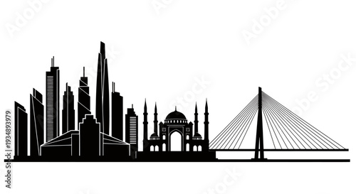 Silhouette of a Modern Urban Skyline with Bridge - Aerial View Over Cityscape.
