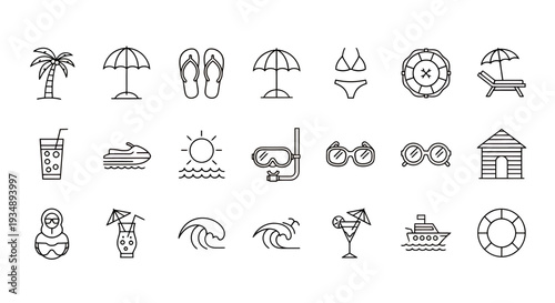 Minimalist line icons collection featuring palm, sun, beach gear, boats, and seaside elements for travel and leisure design.