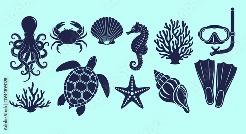 Silhouetted Marine Life Collection Featuring Octopus, Seahorse, Crab, Turtle, Starfish and Coral in Oceanic Blue Gradient.