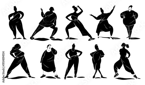 Modern silhouette set of body-positive women in expressive poses. Diverse female figures celebrating confidence, movement, and self-love. Minimalist black and white vector art for empowerment.
