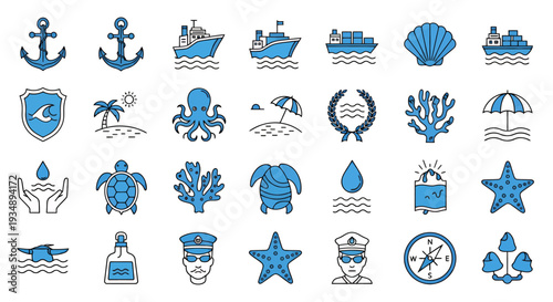 Collection of ocean and marine life icons featuring boats, creatures, coral, and coastal elements.