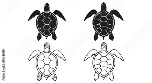 Four Simplified Turtle Icons in Varied Line Art Styles.
